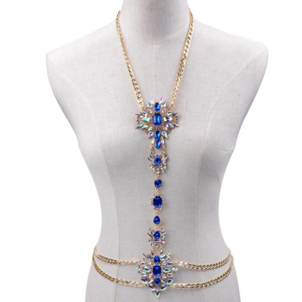 Boho Long Crystal Rhinestone Body Necklace Harness - Picture 3 of 16